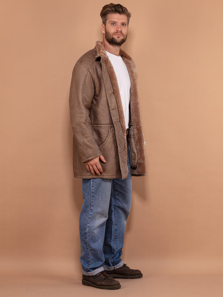 Men's Sheepskin Leather Coat, Size L 70's Vintage Leather Coat, Retro Leather Coat, Beige Fur Coat, Vintage Men Clothing, 70's Western Coat