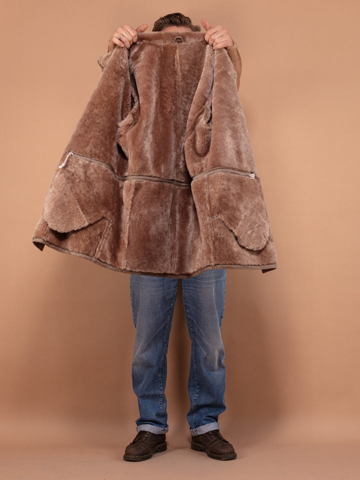 Men's Sheepskin Leather Coat, Size L 70's Vintage Leather Coat, Retro Leather Coat, Beige Fur Coat, Vintage Men Clothing, 70's Western Coat