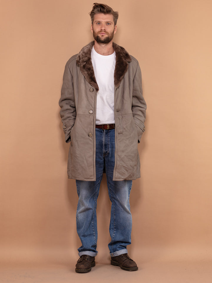 Vintage 70's Men Sheepskin Leather Coat in Beige - NorthernGrip