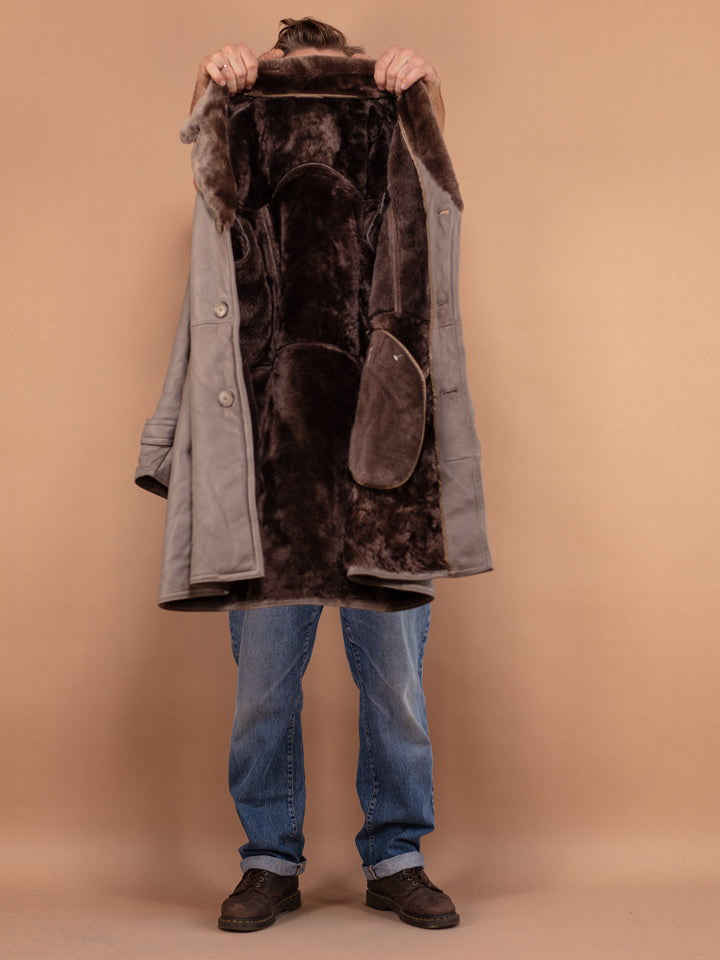 Men's Sheepskin Coat, 70's Retro Leather Coat Size L Western Sheepskin Coat, Gray Sheepskin Coat, Western Style Coat, Cowboy Outerwear