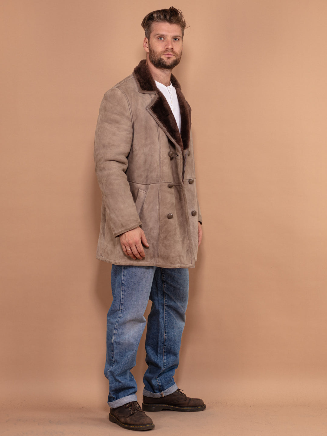Sheepskin Men Coat, L Size Vintage Shearling Coat, Boho Men Coat, Warm Shearling Wool Coat, Old Fashioned Mens Overcoat, Beige Fur Coat