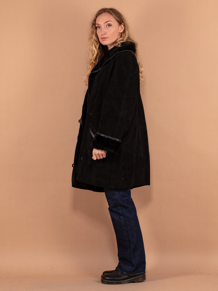 Women Sheepskin Coat 80's, Size Large XL, Shearling Wool Coat, Western Sheepskin Suede Overcoat, Vintage Outerwear, Sustainable Clothing