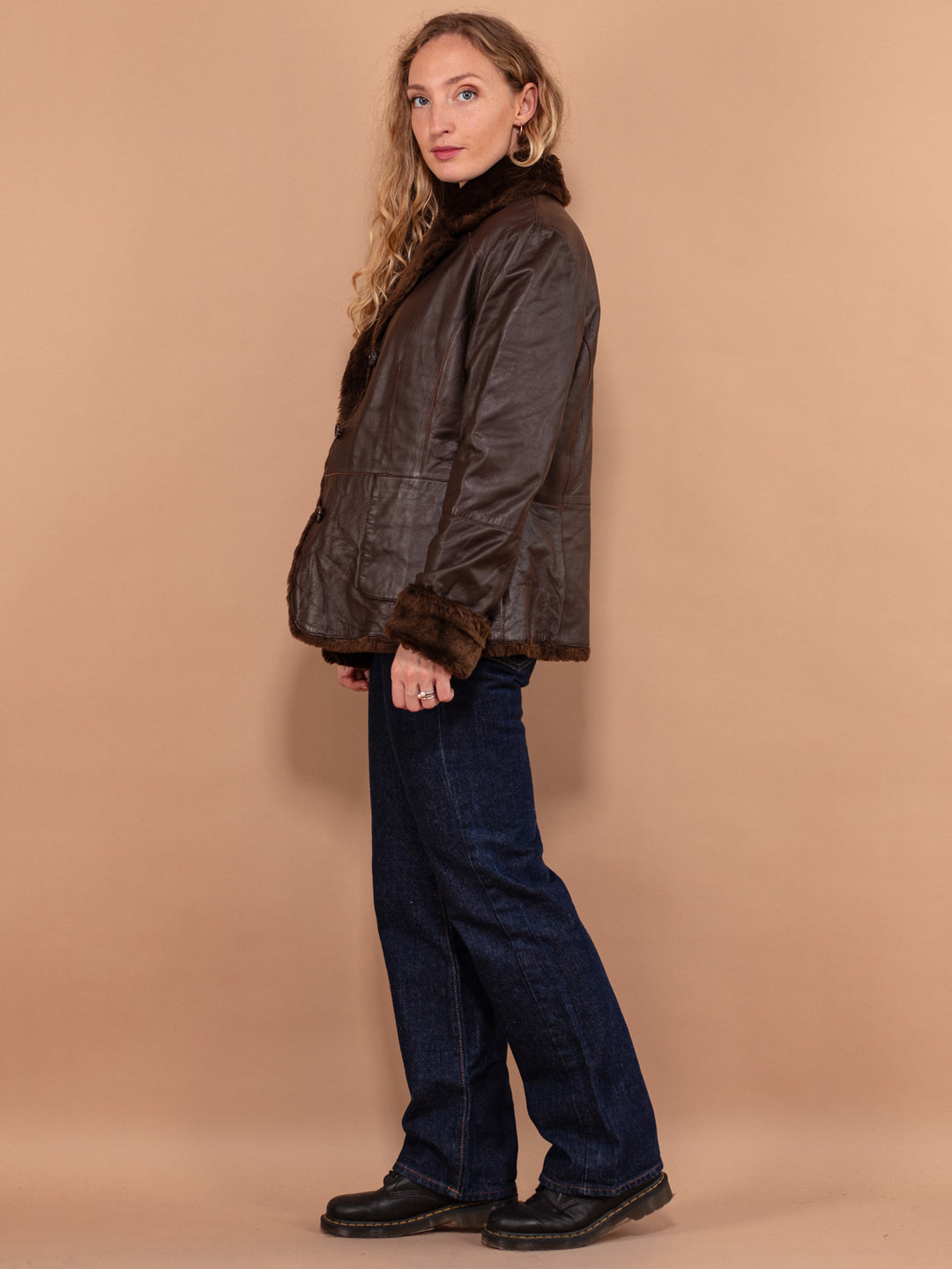 Faux Shearling Jacket, Size M Vintage 90's Women Jacket, Leather Sherpa Jacket, Faux Shearling Bomber Jacket, Aviator Pilot Style Jacket