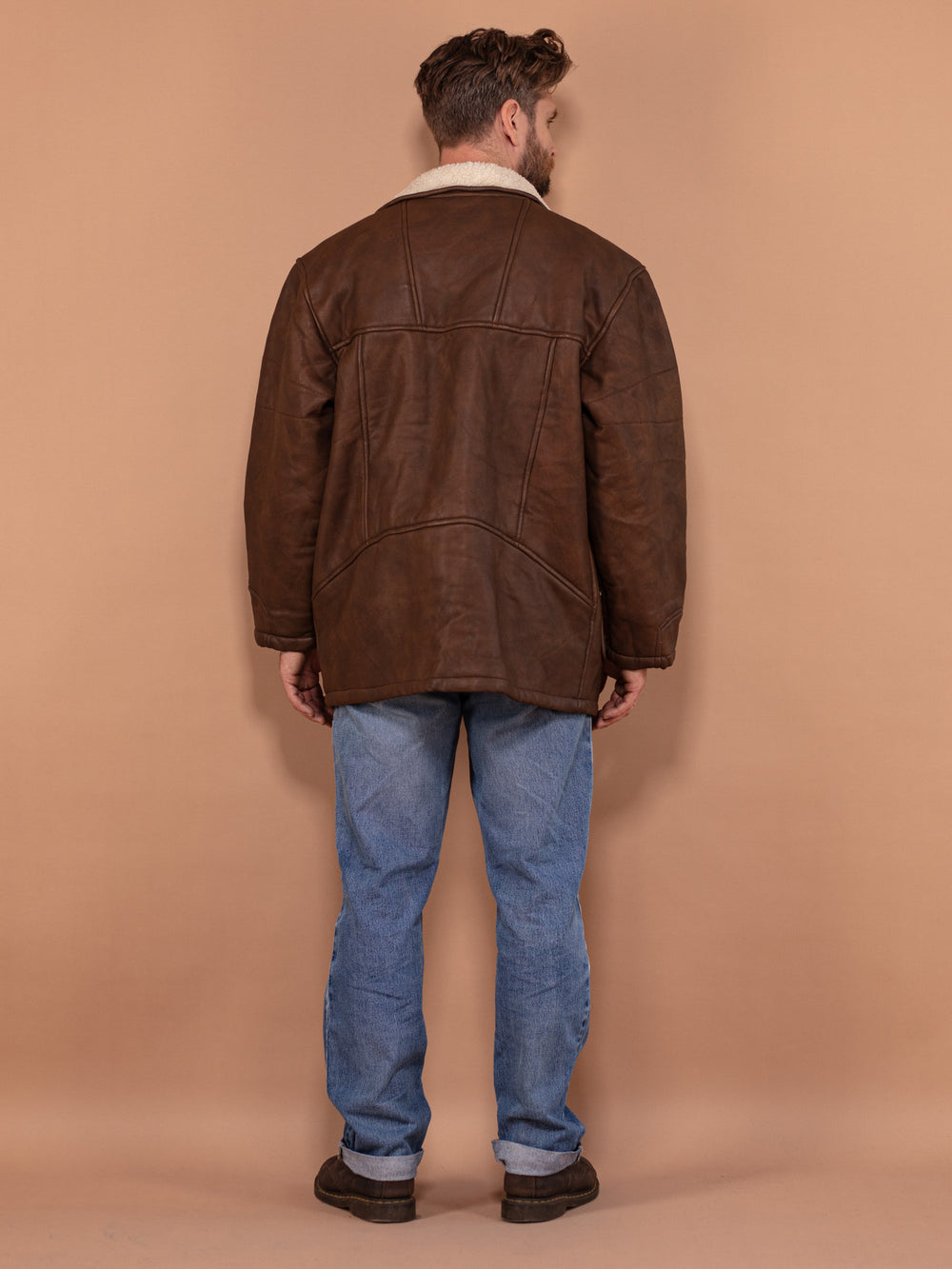 Vintage 90's Men Faux Sheepskin Coat in Brown - NorthernGrip