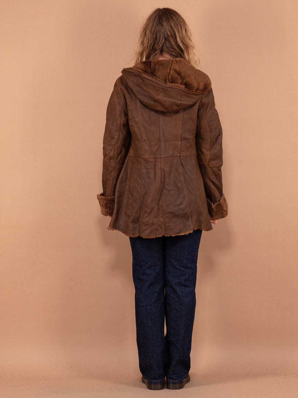Vintage 90's Women Hooded Sheepskin Coat in Brown - NorthernGrip