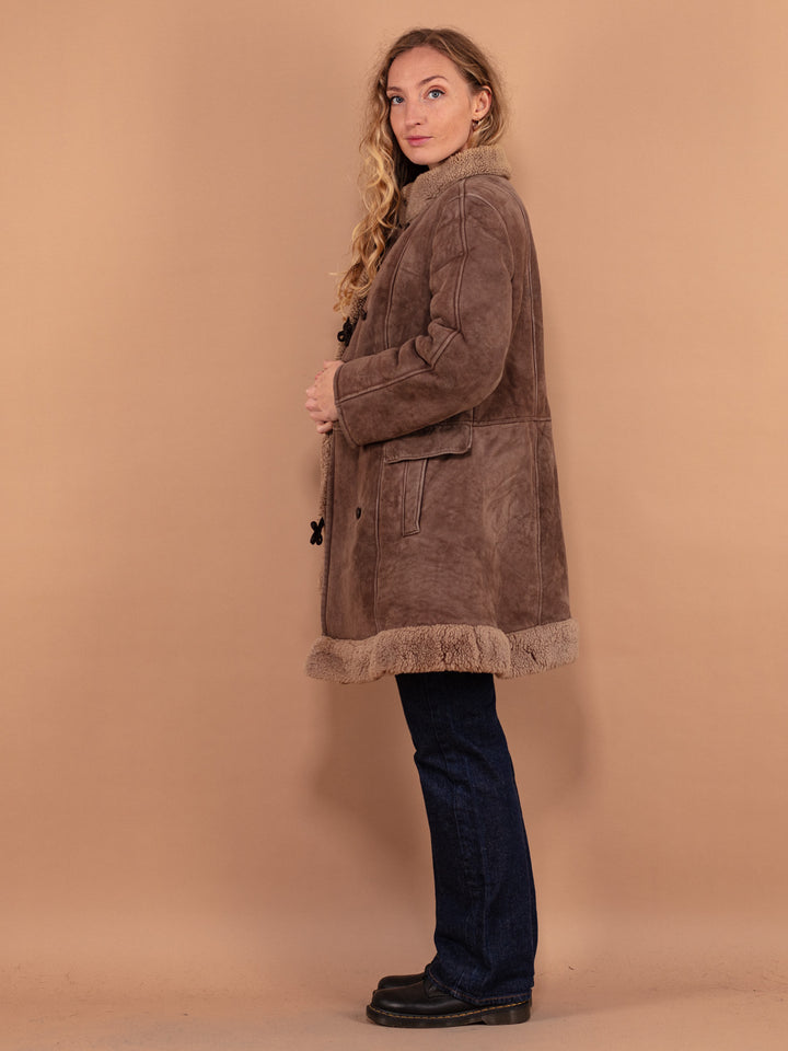Sheepskin Shearl Coat,  Size Small, Vintage 70's Brown Sheepskin Winter Coat, Sheepskin Suede Coat, Boho Western Hippie Fashion Style Coat