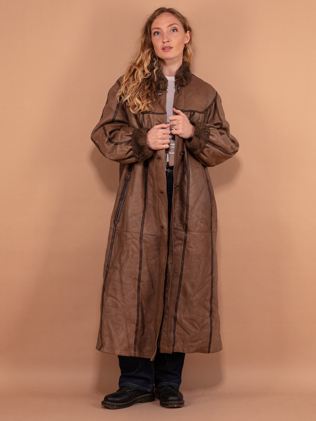 Sheepskin Long Coat, Size Large XL Warm Shearling Fur Coat, Brown Sheepskin Overcoat, Oversized Sheepskin Coat, Penny Lane, Winter Outerwear