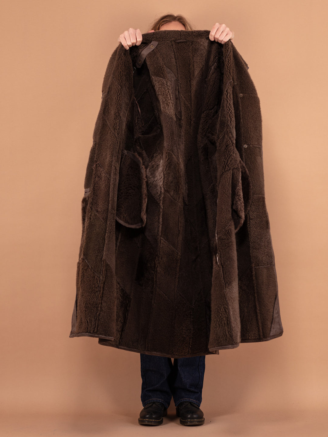 Oversized Sheepskin Coat 80s, Size L Shearling Suede Coat, Western Style Sheepskin Overcoat, Vintage Outerwear, Sustainable Clothing