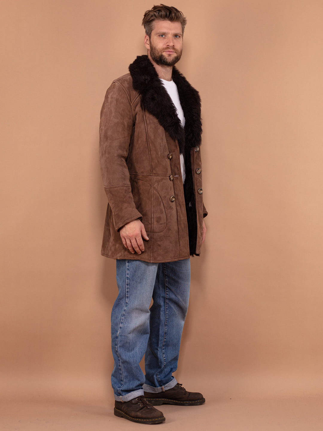 Original Shearling Coat, M Size Vintage Sheepskin Coat, Boho Men Coat, Warm Shearling Wool Coat, Old Fashioned Mens Overcoat, Brown Fur Coat