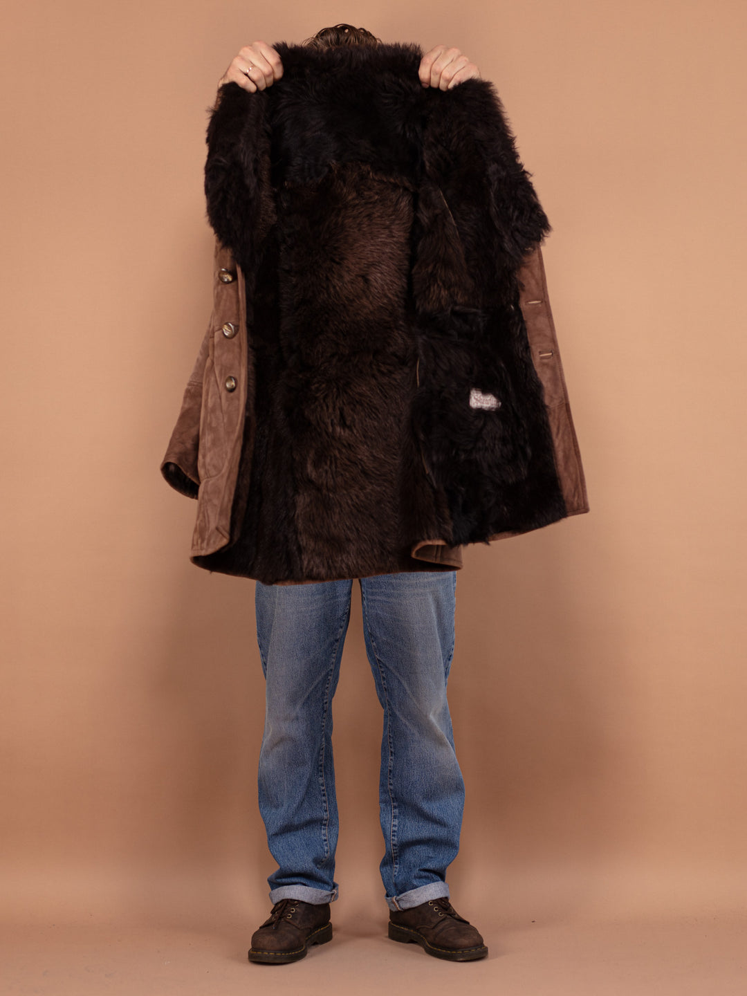 Original Shearling Coat, M Size Vintage Sheepskin Coat, Boho Men Coat, Warm Shearling Wool Coat, Old Fashioned Mens Overcoat, Brown Fur Coat