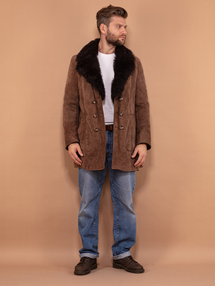 Original Shearling Coat, M Size Vintage Sheepskin Coat, Boho Men Coat, Warm Shearling Wool Coat, Old Fashioned Mens Overcoat, Brown Fur Coat