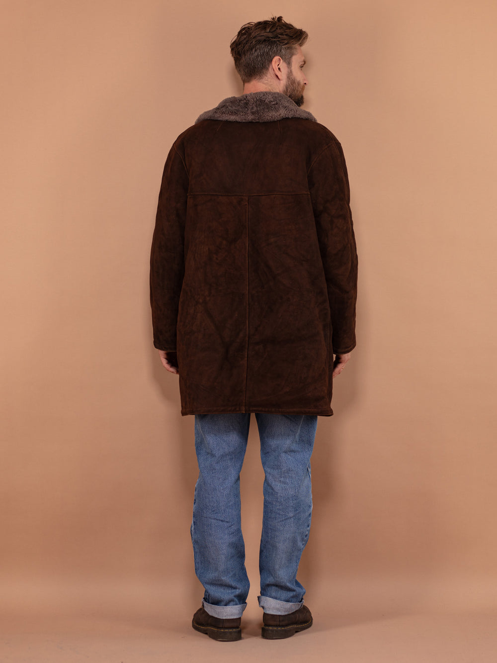 Vintage 80's Men Sheepskin Suede Coat in Brown - NorthernGrip