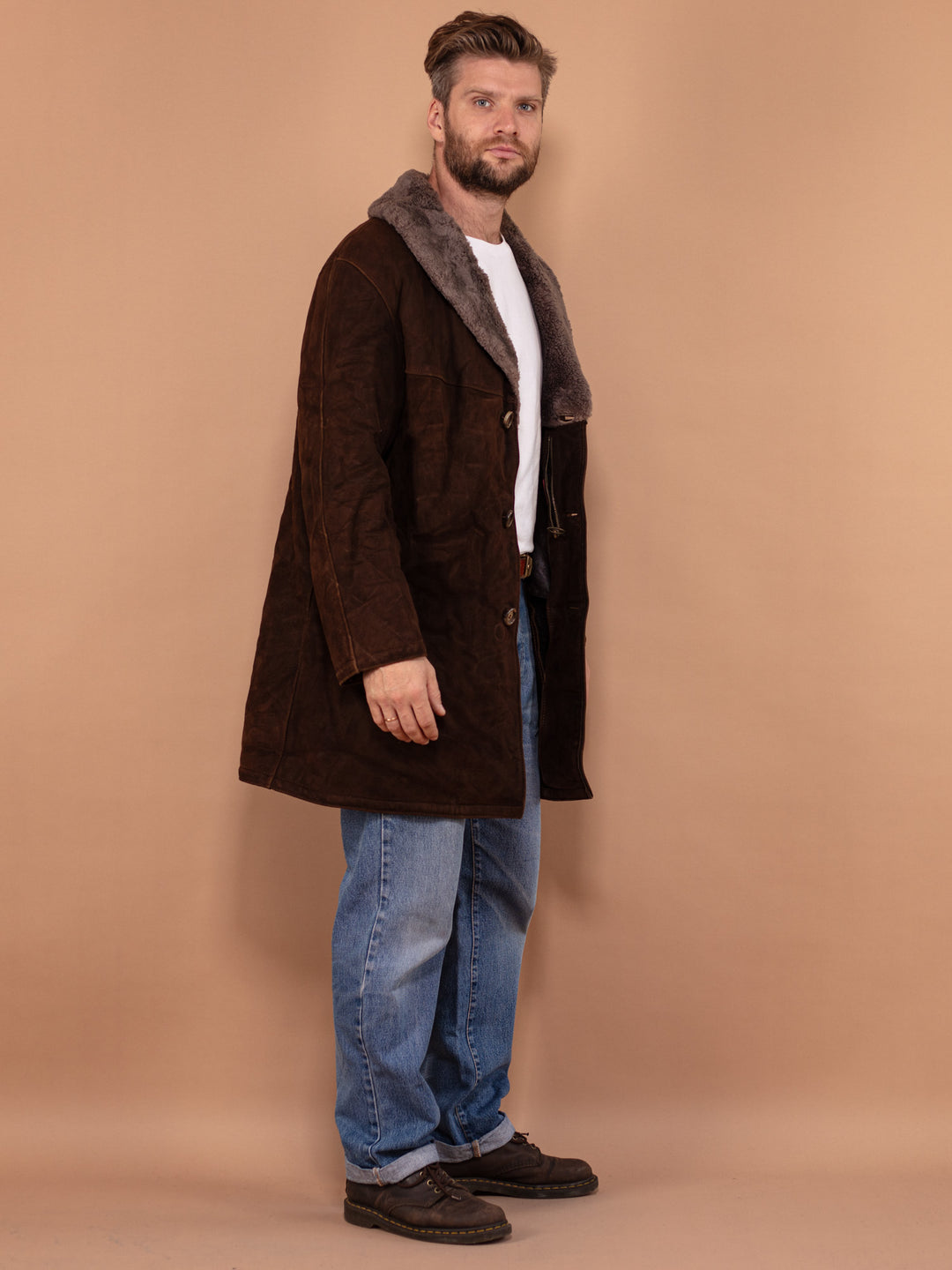 Men Sheepskin Coat 80's, Size Large, Worn In Vintage Shearling Coat, Retro Leather Coat, Brown Leather Overcoat, Boho Winter Coat, Pre Owned
