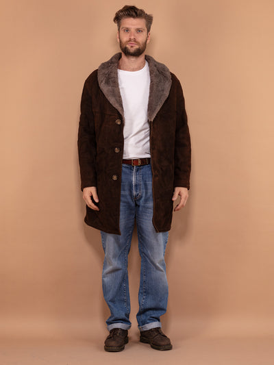 Men Sheepskin Coat 80's, Size Large, Worn In Vintage Shearling Coat, Retro Leather Coat, Brown Leather Overcoat, Boho Winter Coat, Pre Owned