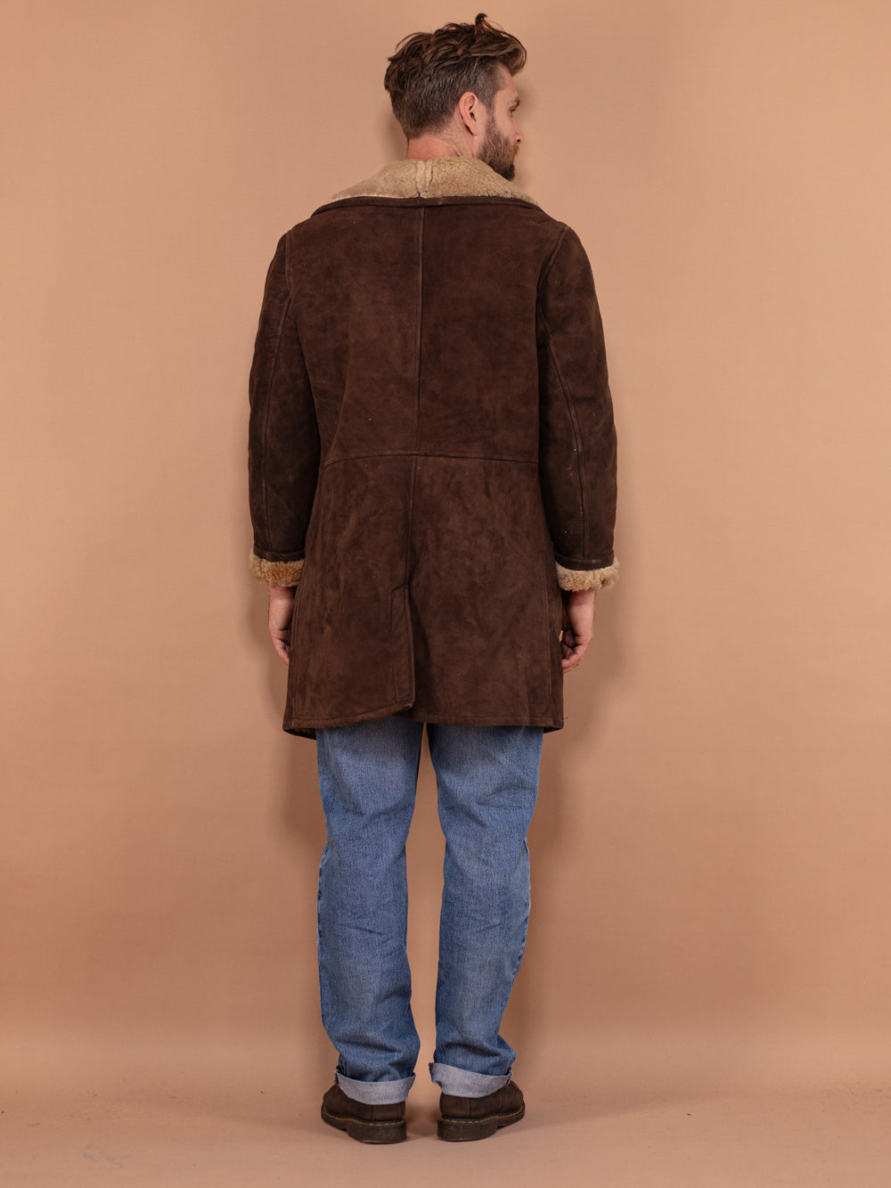 Vintage 70's Men Sheepskin Suede Coat in Brown - NorthernGrip