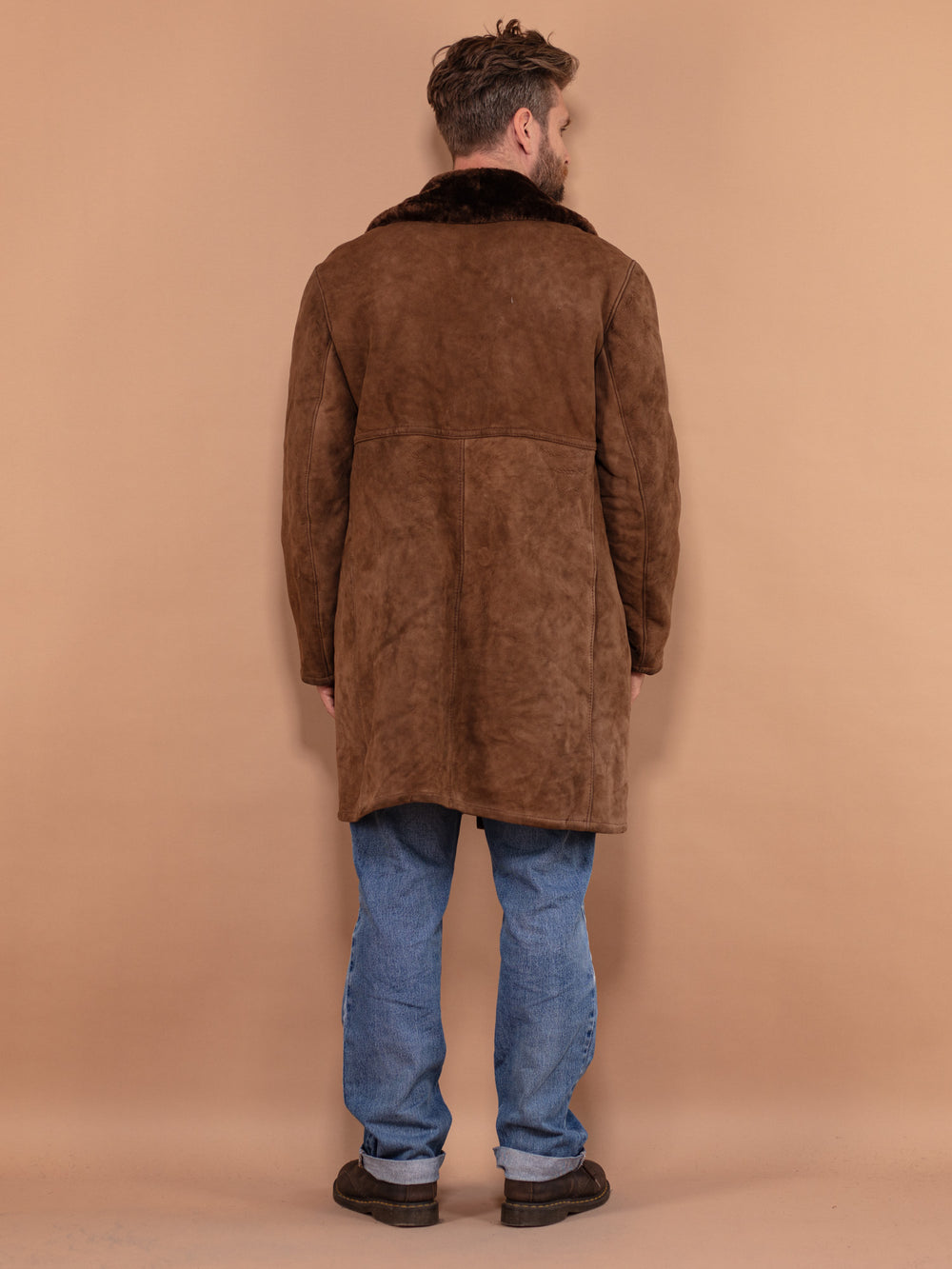 Vintage 70's Men Sheepskin Suede Coat in Brown - NorthernGrip