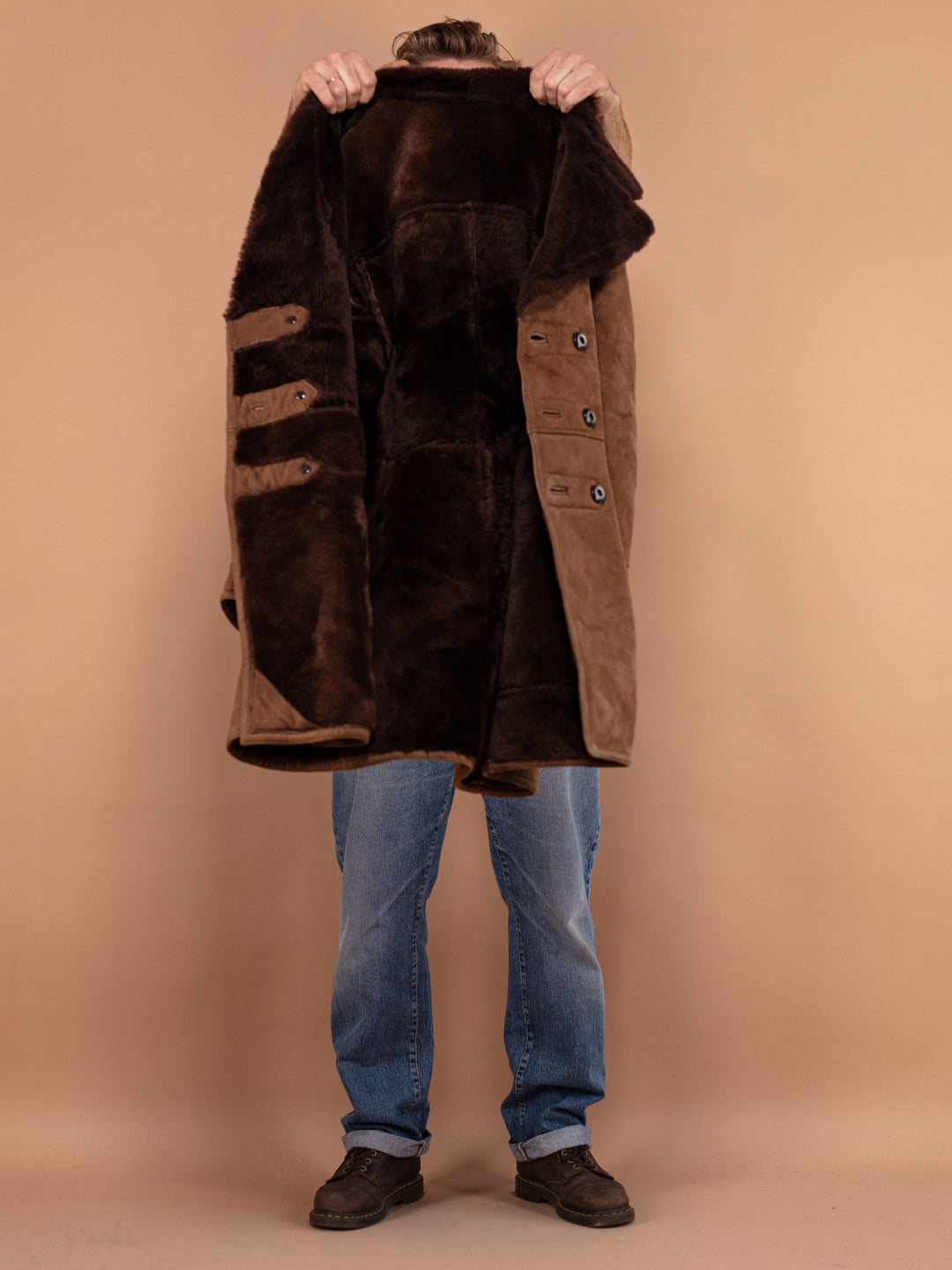 Men Shearling Coat 70's, Size Medium, Worn In Vintage Shearling Coat, Retro Suede Coat, Brown Suede Overcoat, Boho Winter Coat, Pre Loved