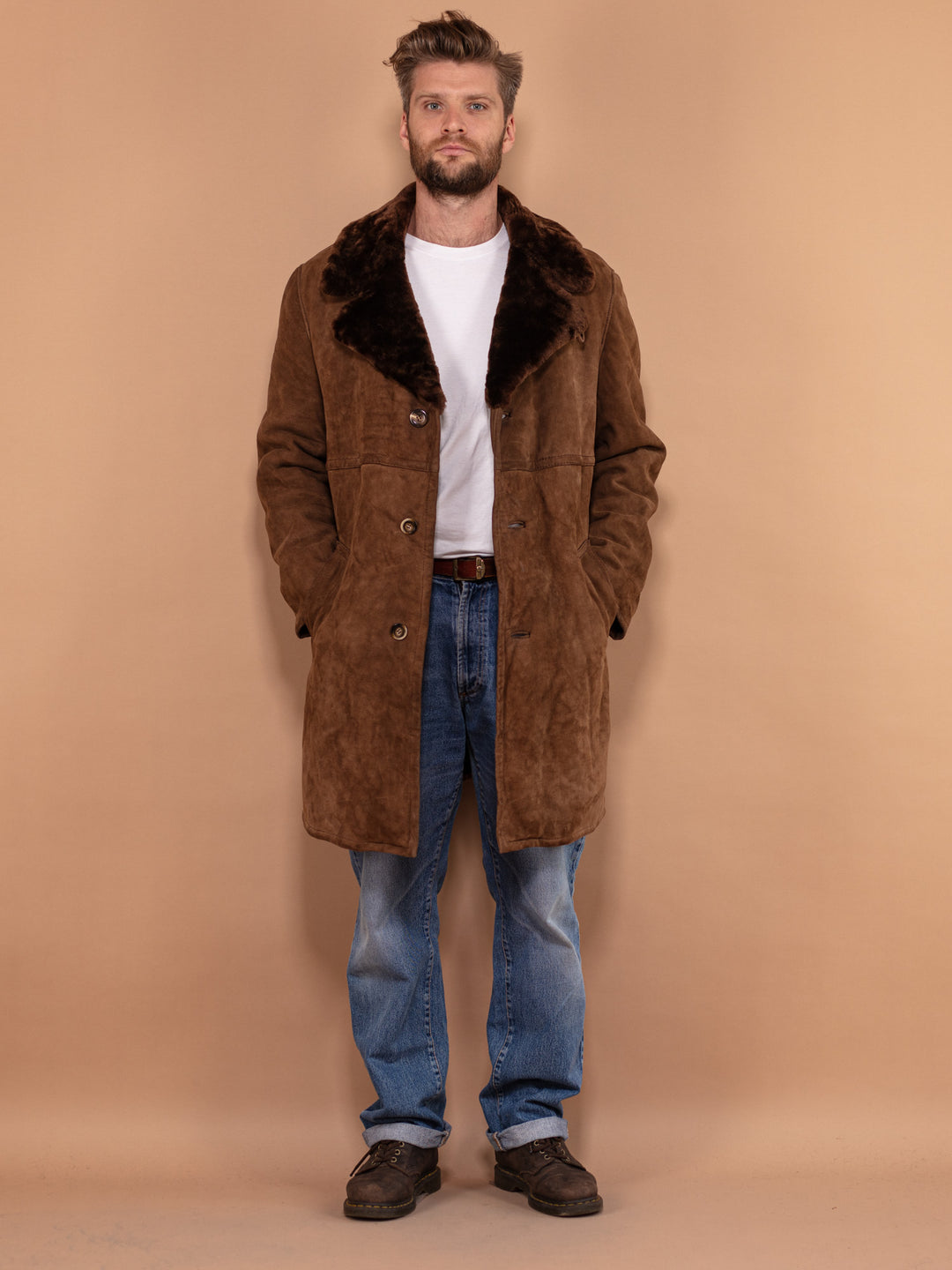 Men Shearling Coat 70's, Size Large Worn In Shearling Coat, Retro Leather Coat, Brown Suede Overcoat, Boho Winter Coat, Old Fashioned Coat