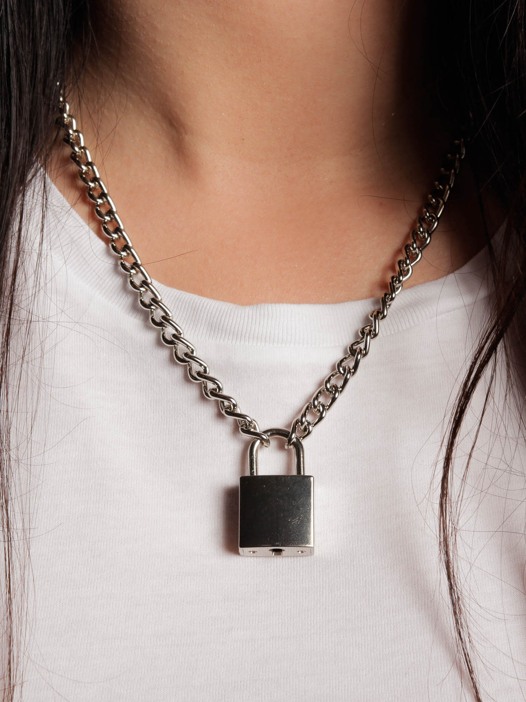 Unisex Silver or Gold Tone Padlock Steel Chain Necklace