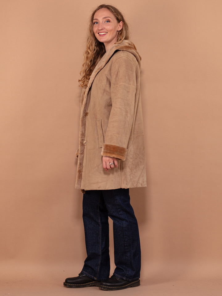 Vintage 90's Faux Sheepskin Coat in Beige - NorthernGrip