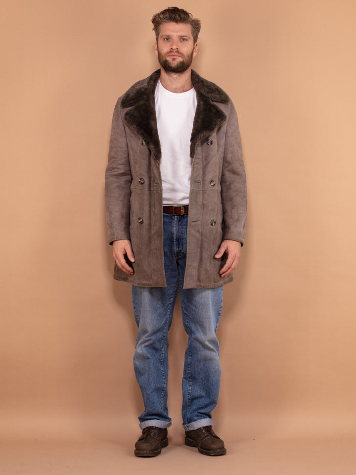 Men Sheepskin Coat 70's, Size Small Men Shearling Coat, Warm Sheepskin Winter Coat, Suede Shearling Overcoat, Western Sheepskin Coat