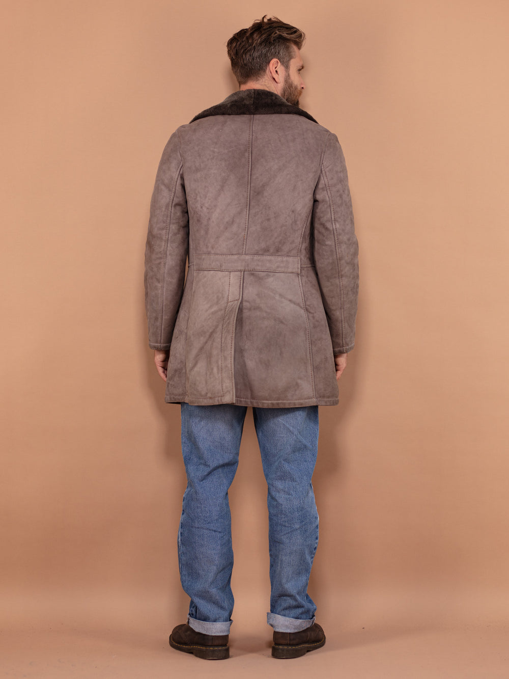Vintage 70's Men Sheepskin Coat in Greige Brown - NorthernGrip