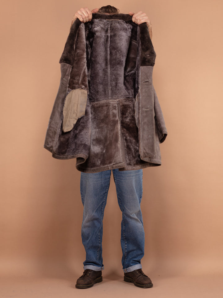 Men Sheepskin Coat 70's, Size Small Men Shearling Coat, Warm Sheepskin Winter Coat, Suede Shearling Overcoat, Western Sheepskin Coat