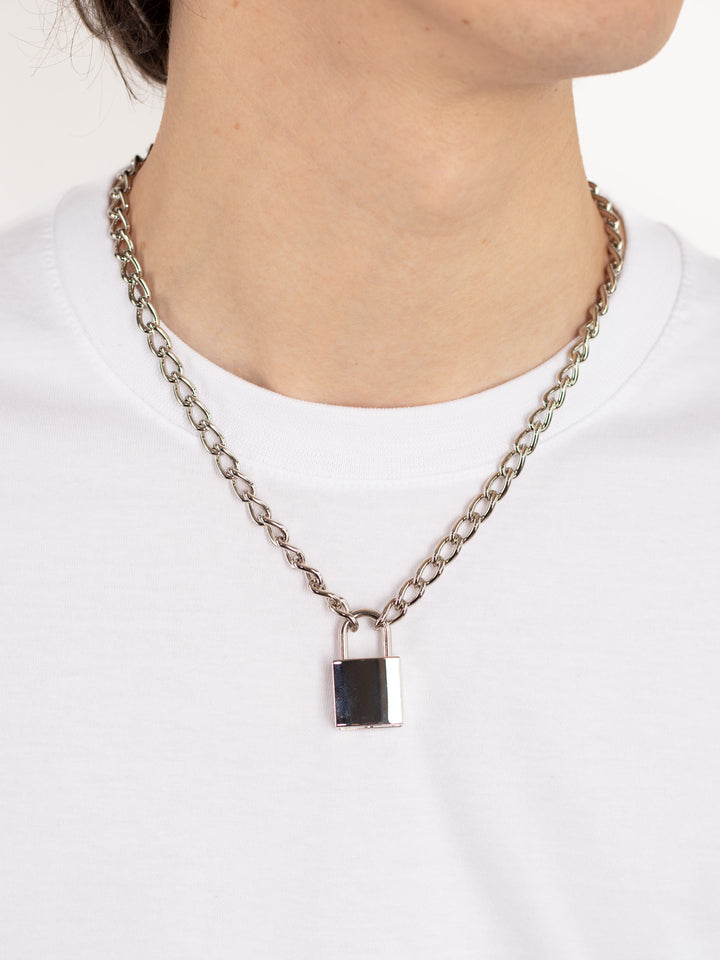 Unisex Silver or Gold Tone Padlock Steel Chain Necklace
