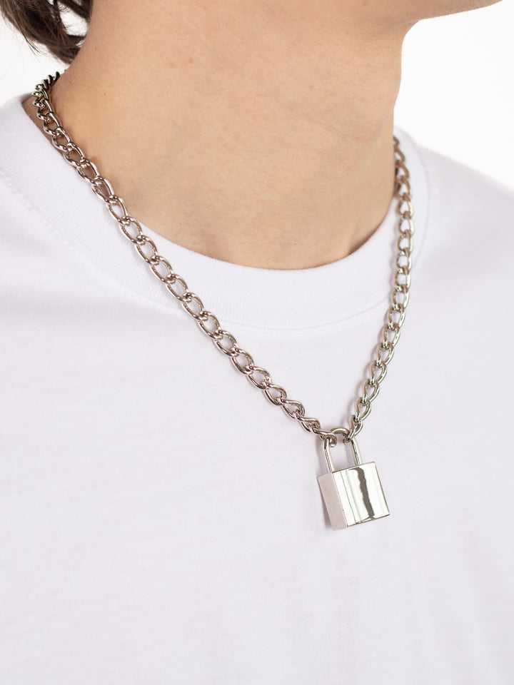 Unisex Silver or Gold Tone Padlock Steel Chain Necklace