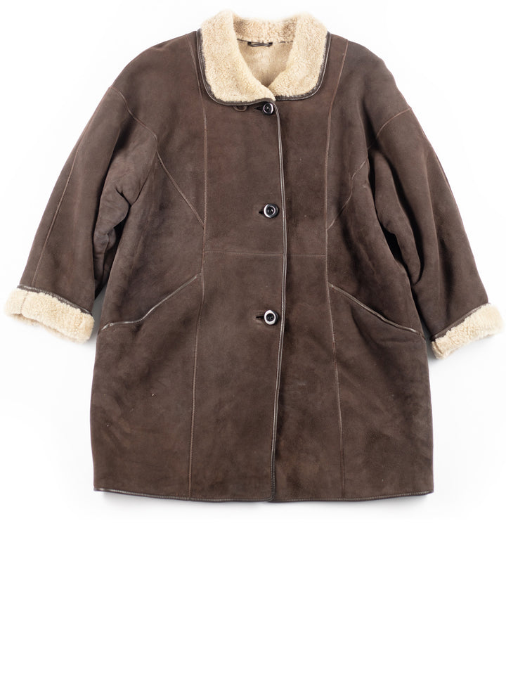 Vintage 80's Women Faux Sheepskin Coat in Brown