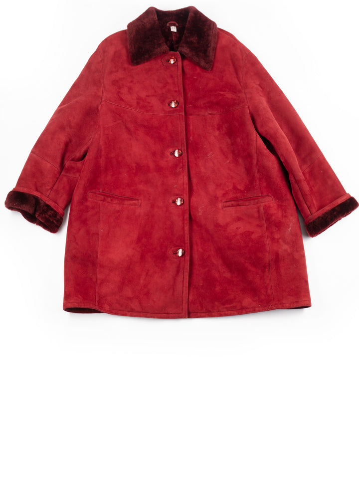 Vintage 80's Women Sheepskin Shearling Coat in Red