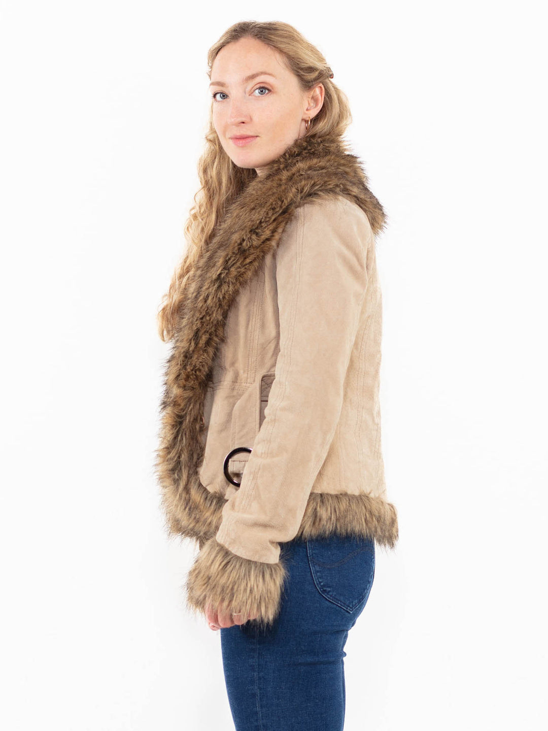 Vintage 90's Women Suede Sherpa Jacket in Beige