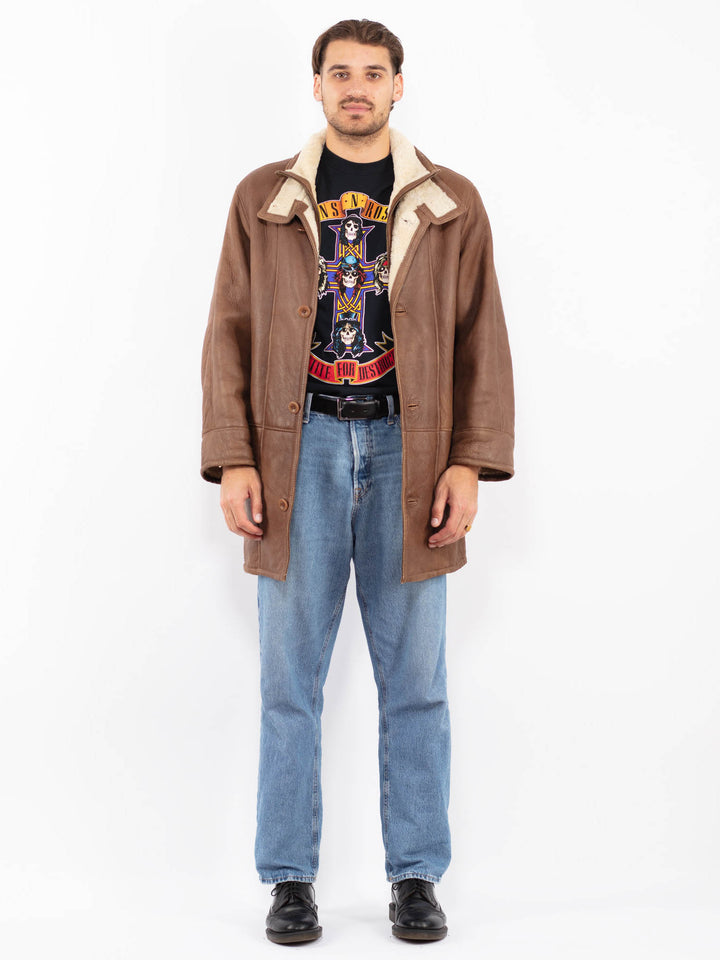 Vintage 90's Men Zip Up Shearling Leather Coat in Brown
