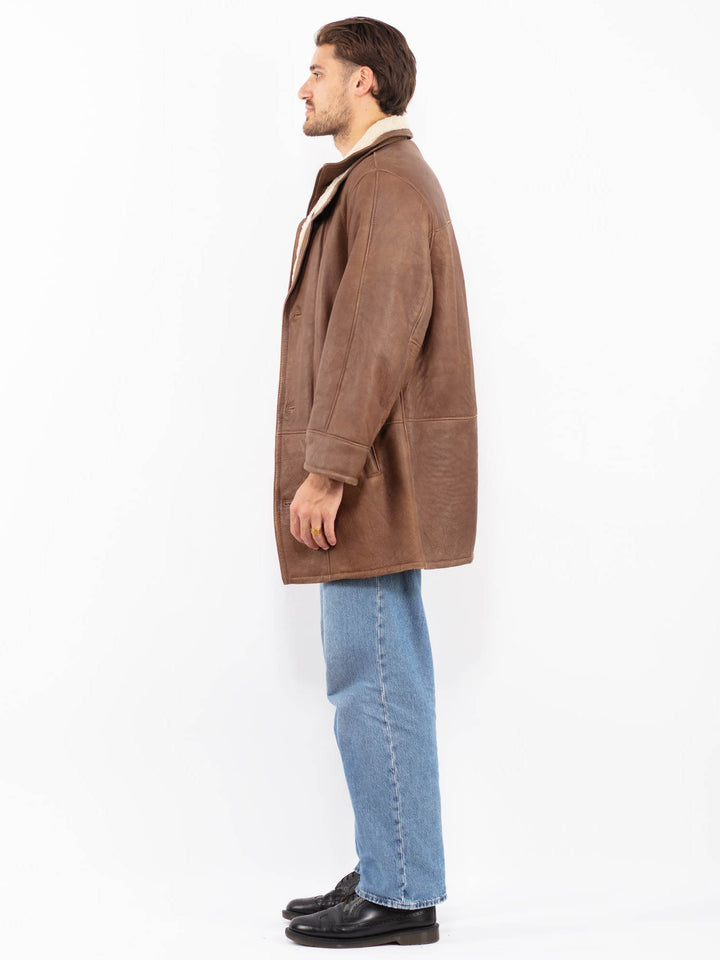 Vintage 90's Men Zip Up Shearling Leather Coat in Brown