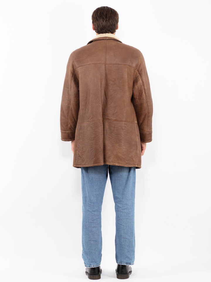 Vintage 90's Men Zip Up Shearling Leather Coat in Brown