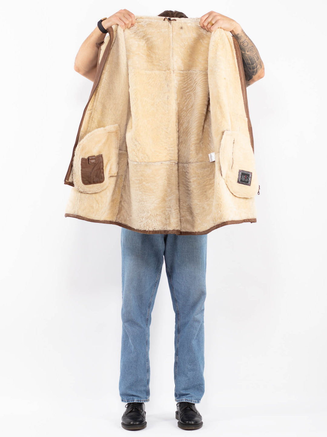 Vintage 90's Men Zip Up Shearling Leather Coat in Brown