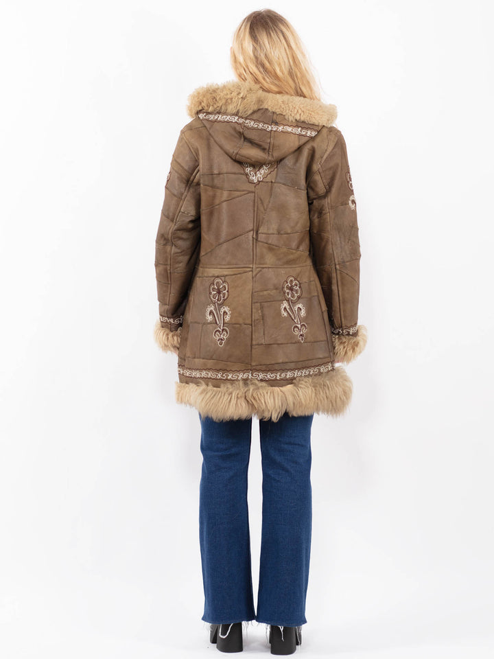 Vintage 70's Leather Sheepskin Shearling Coat Hooded Brown Leather