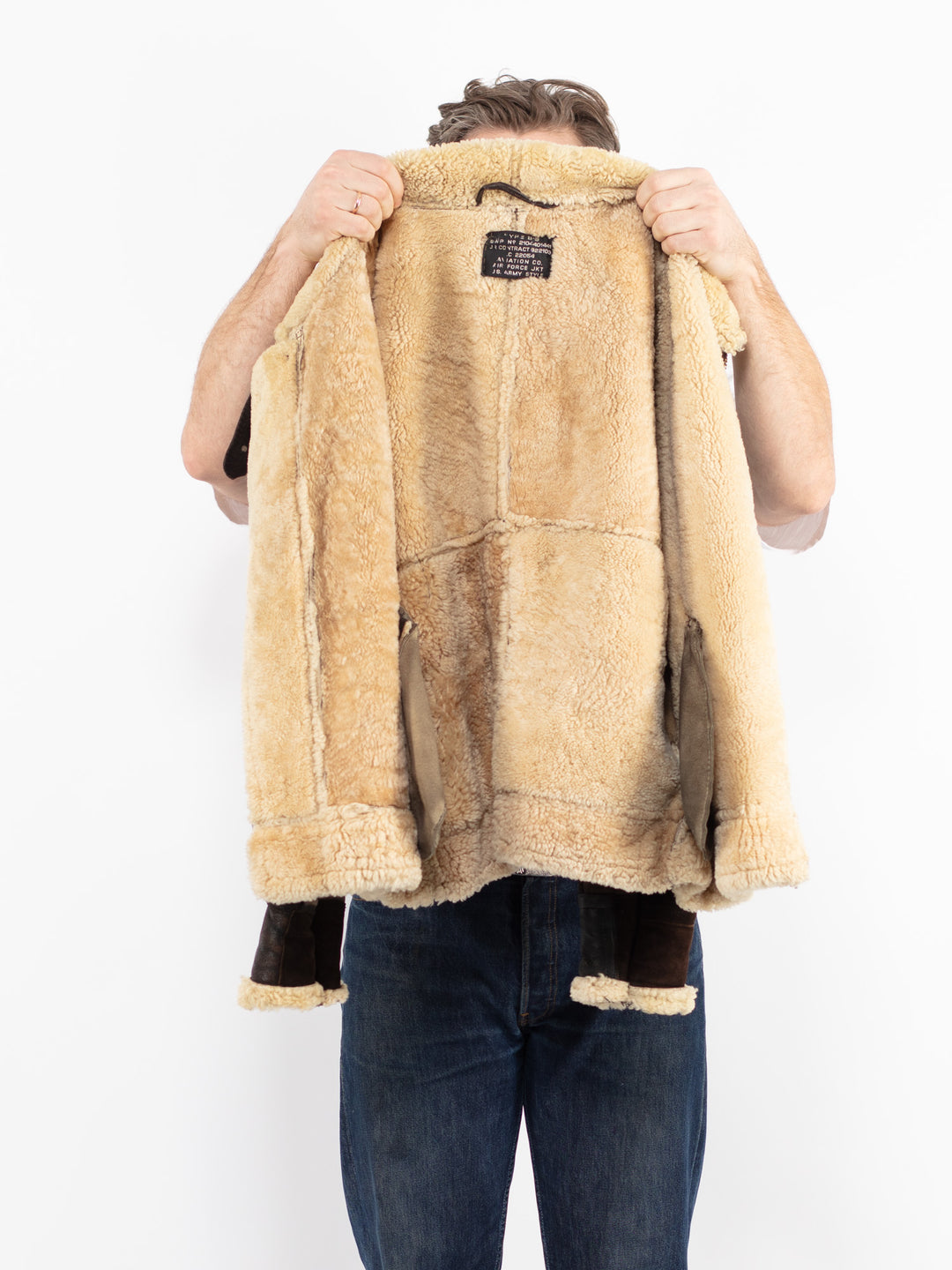 Vintage 80's Men B-3 Sheepskin Aviator Jacket in Brown Contract 822103