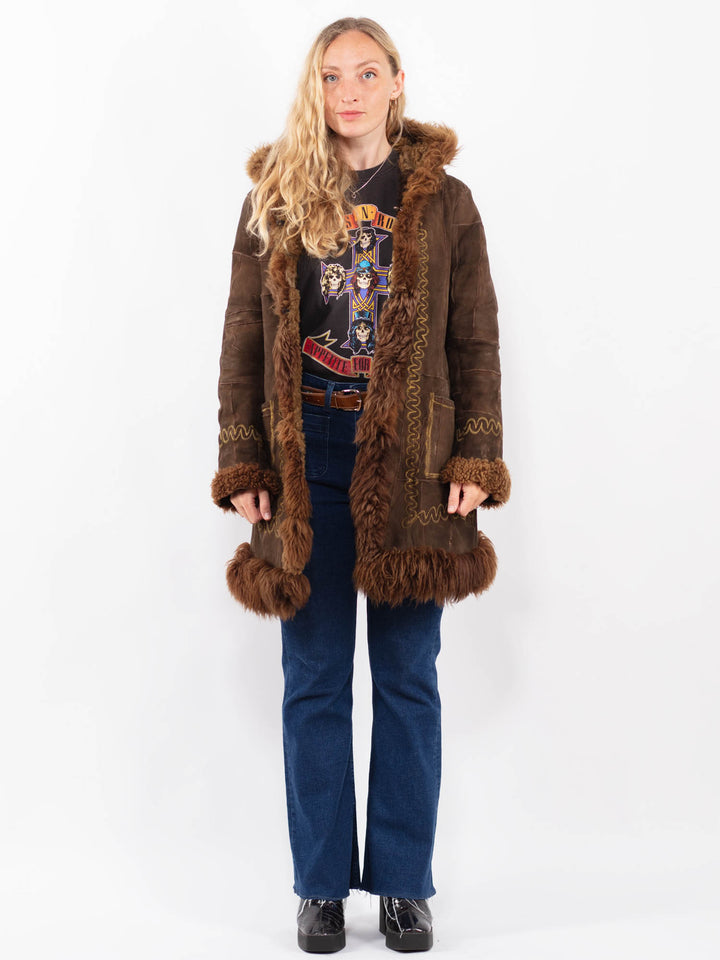 Vintage 70's Penny Lane Sheepskin Coat Genuine Shearling Hooded Brown Suede