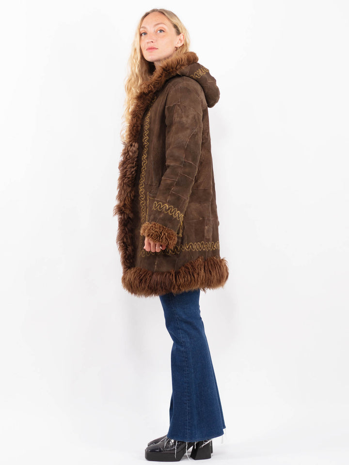 Vintage 70's Penny Lane Sheepskin Coat Genuine Shearling Hooded Brown Suede