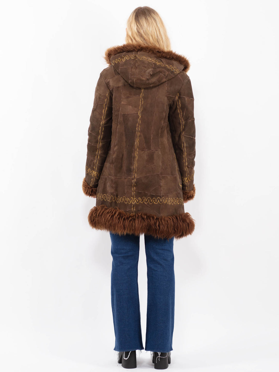 Vintage 70's Penny Lane Sheepskin Coat Genuine Shearling Hooded Brown Suede