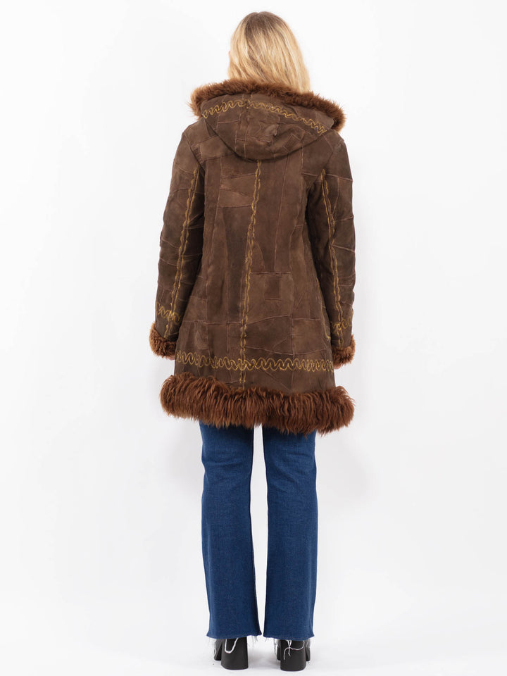 Vintage 70's Penny Lane Sheepskin Coat Genuine Shearling Hooded Brown Suede