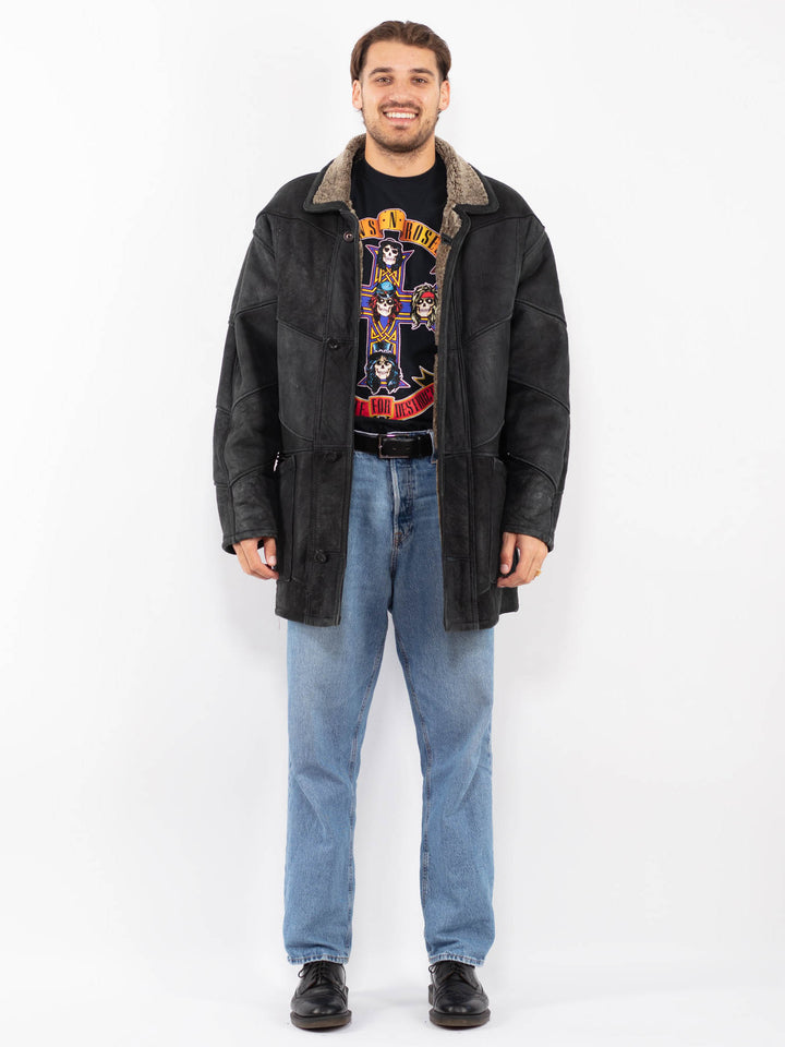 Vintage 90's Men Sheepskin Coat in Black