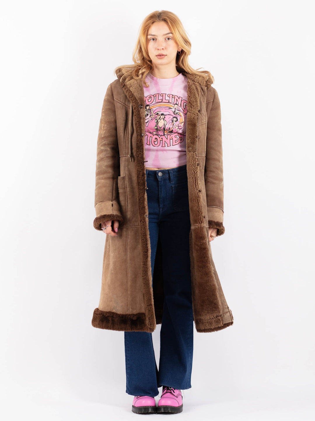 Vintage 70's Women Sheepskin Shearling Coat in Brown