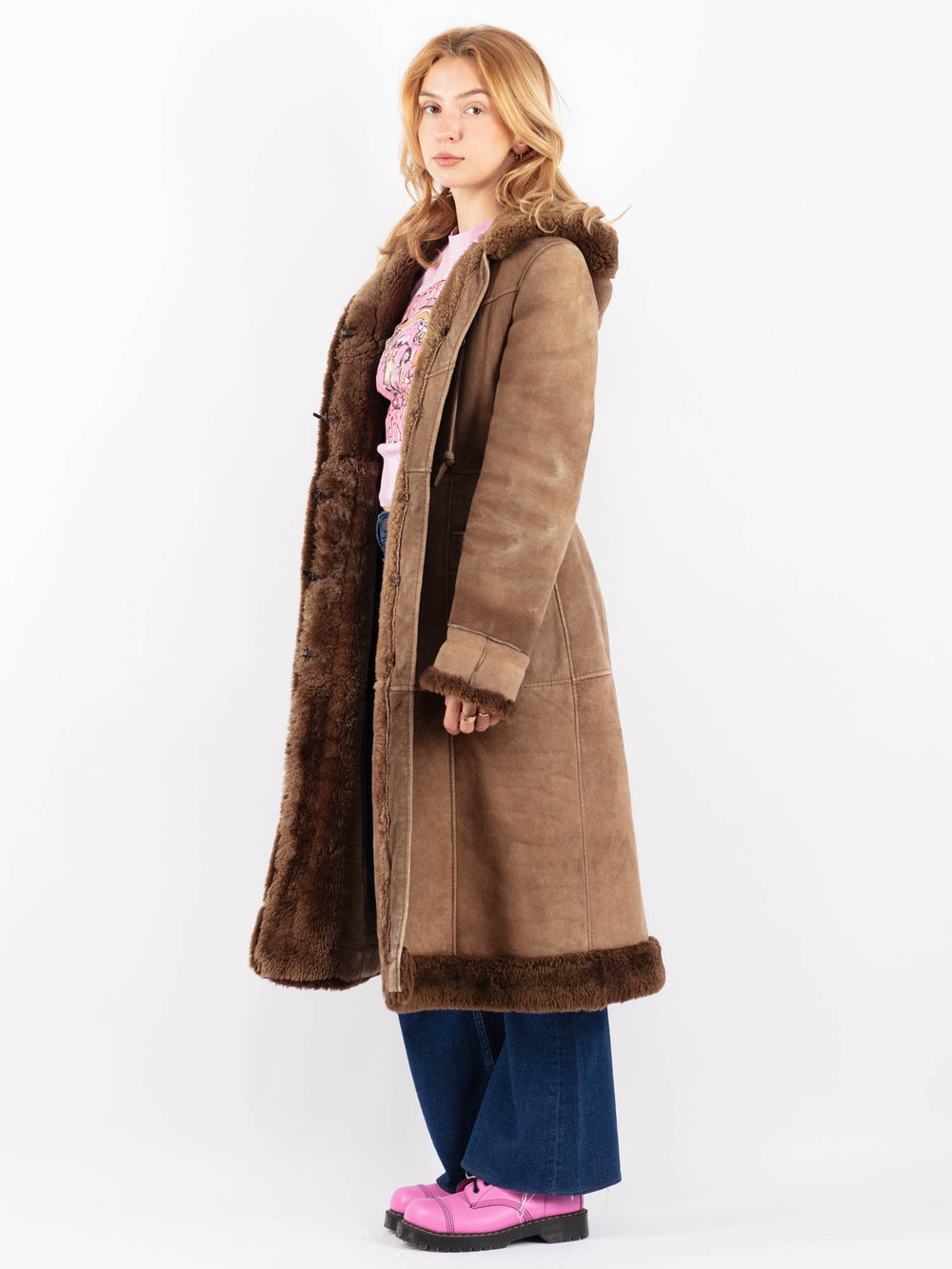 Vintage 70's Women Sheepskin Shearling Coat in Brown