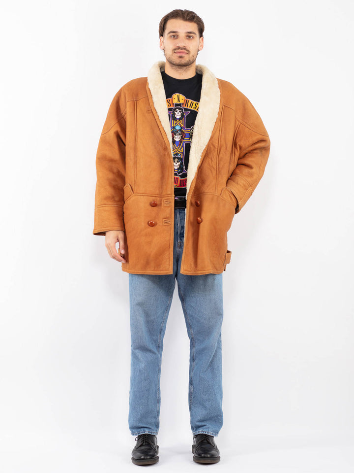 Vintage 80's Men Sheepskin Leather Coat in Caramel Brown