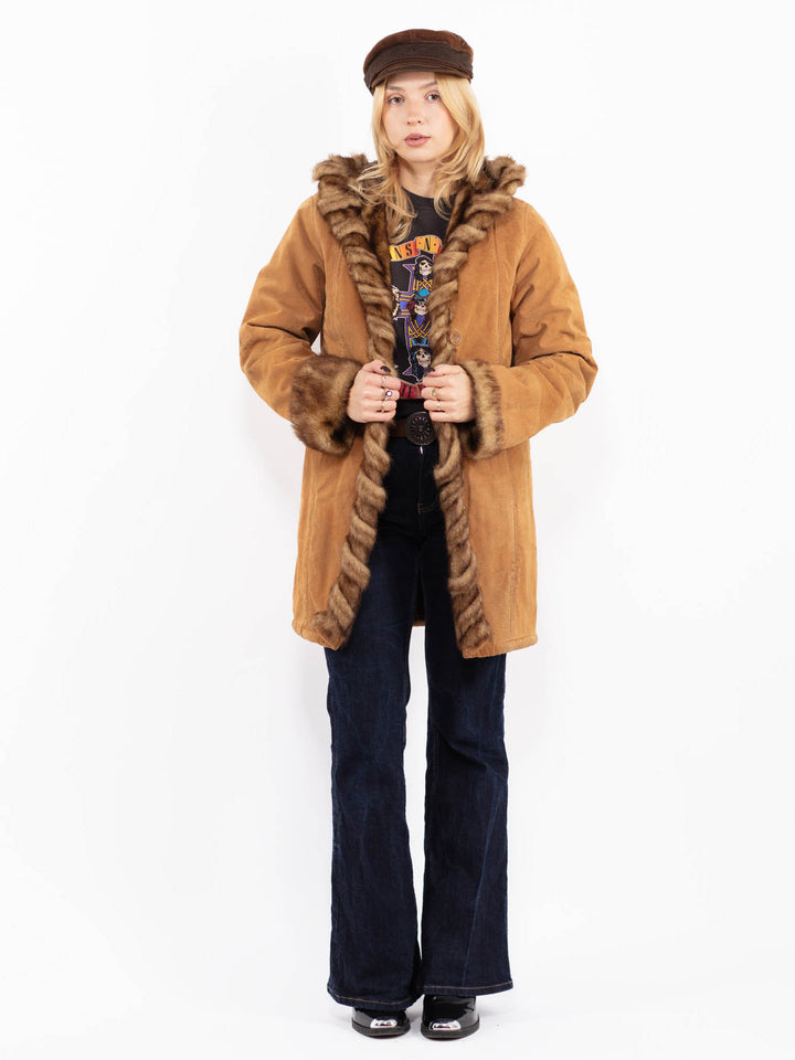 Vintage 90's DENNIS BASSO Suede Sherpa Hooded Coat in Brown