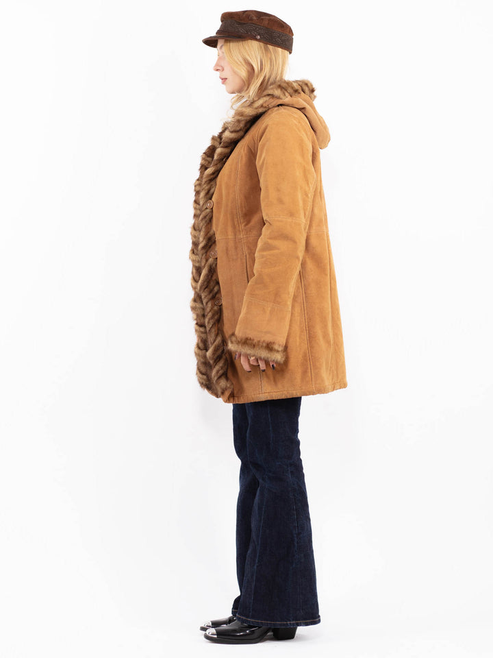 Vintage 90's DENNIS BASSO Suede Sherpa Hooded Coat in Brown