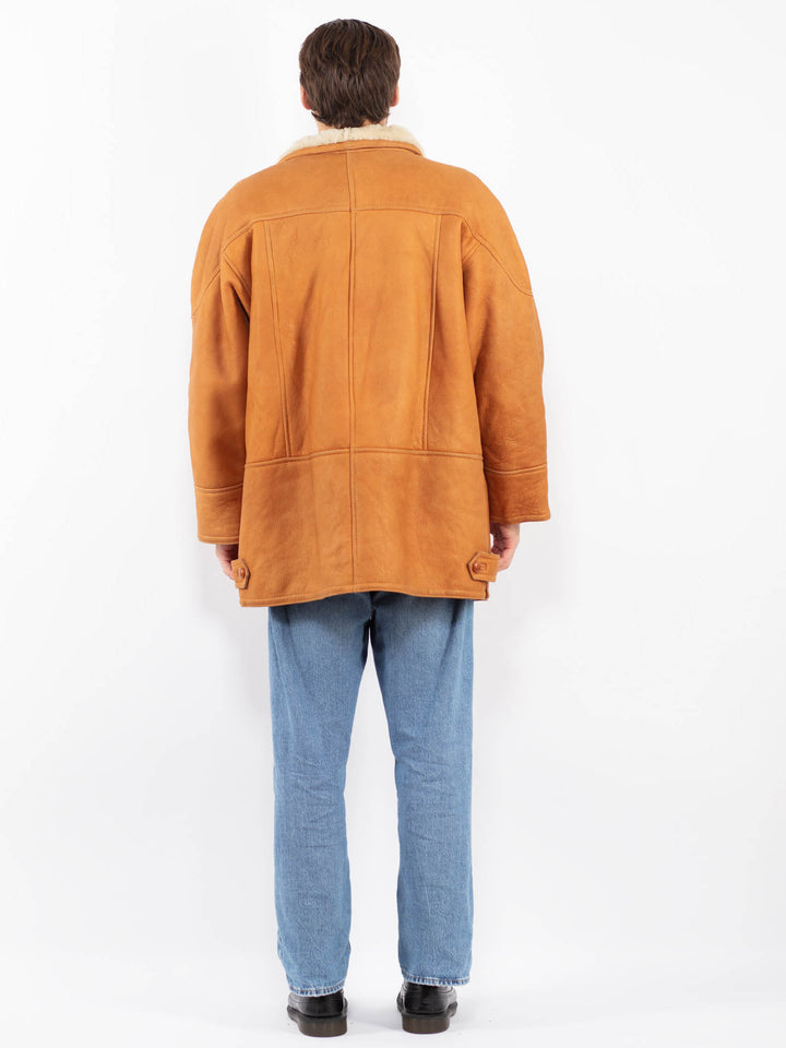 Vintage 80's Men Sheepskin Leather Coat in Caramel Brown