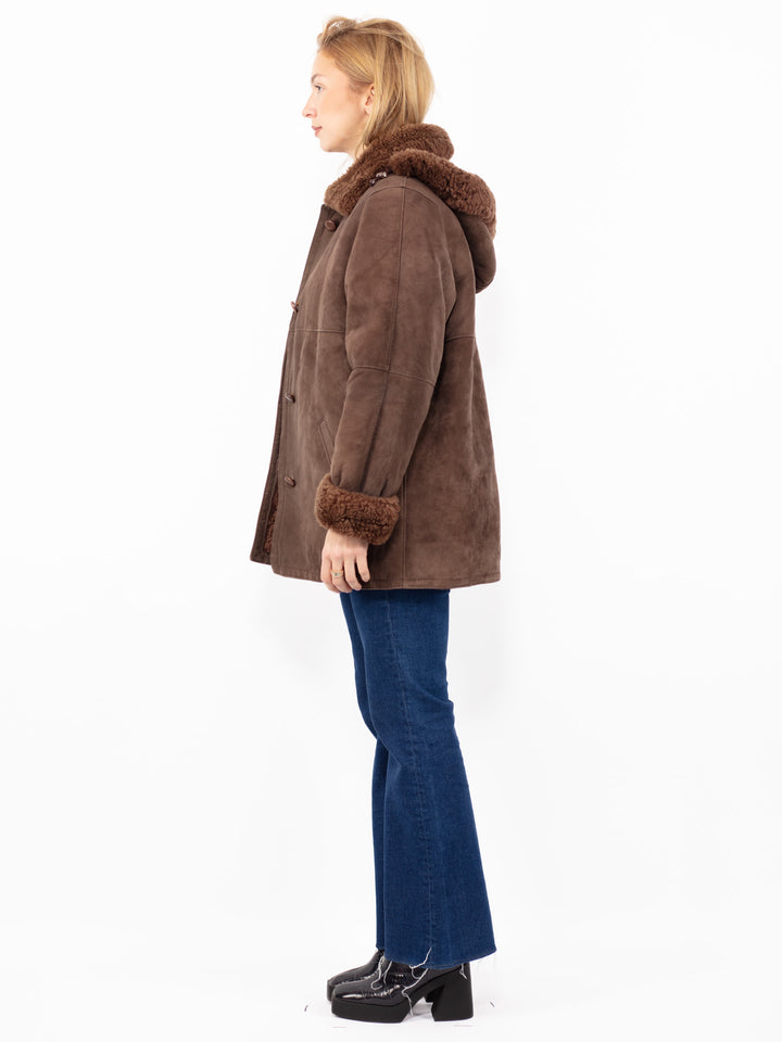 Vintage 90's Women Hooded Sheepskin Coat in Brown